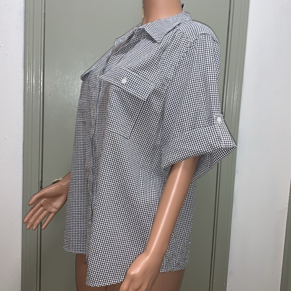 C. D. Daniels Short Sleeve black and white small checkered Button Down Blouse - Picture 7 of 17